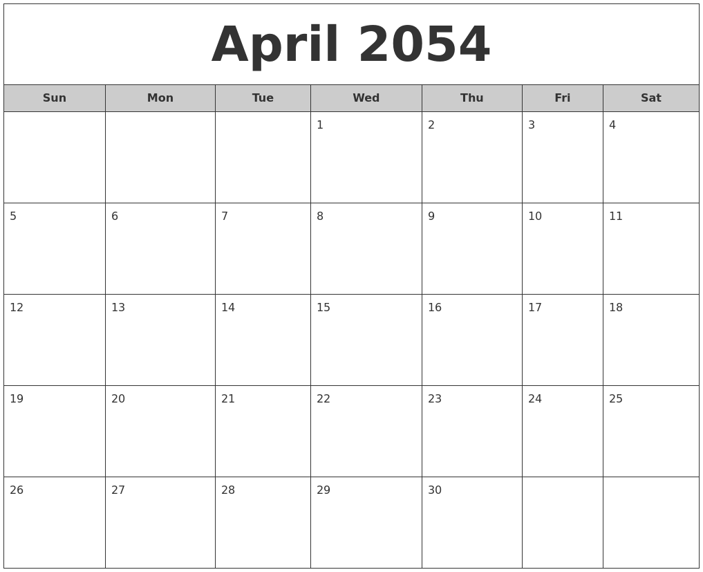 April 2054 Free Monthly Calendar
