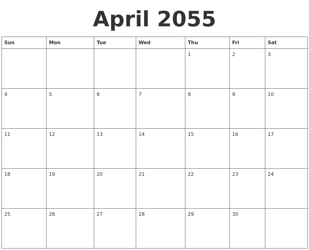 April 2055 Blank Calendar Template