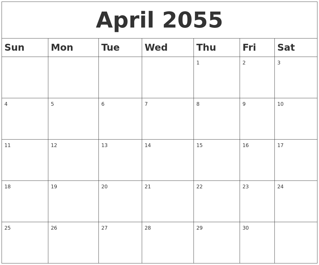 april 2055 blank calendar