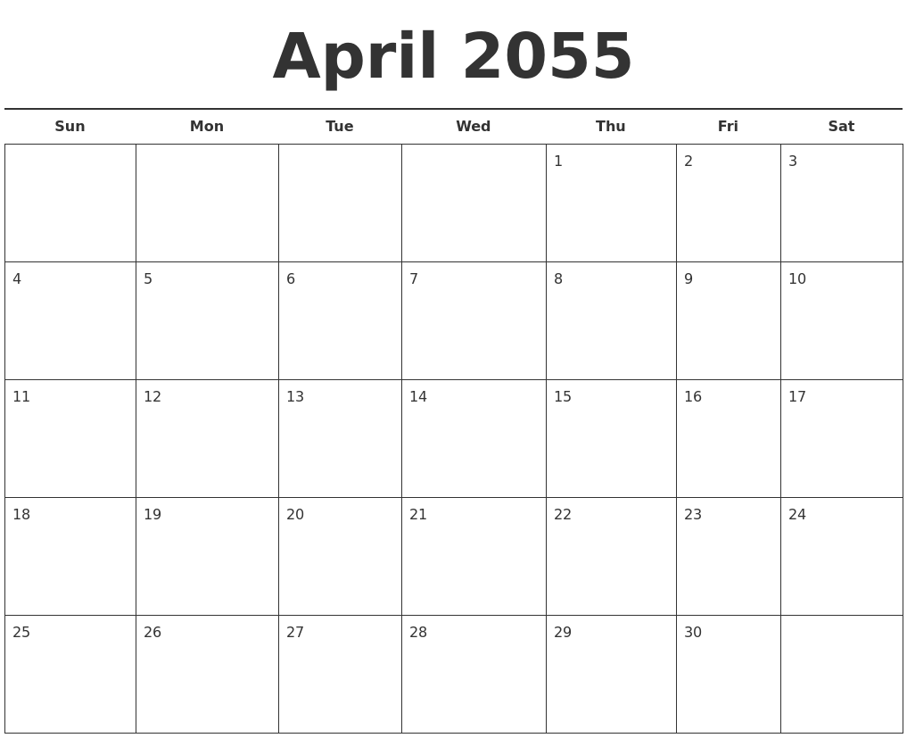 April 2055 Free Calendar Template