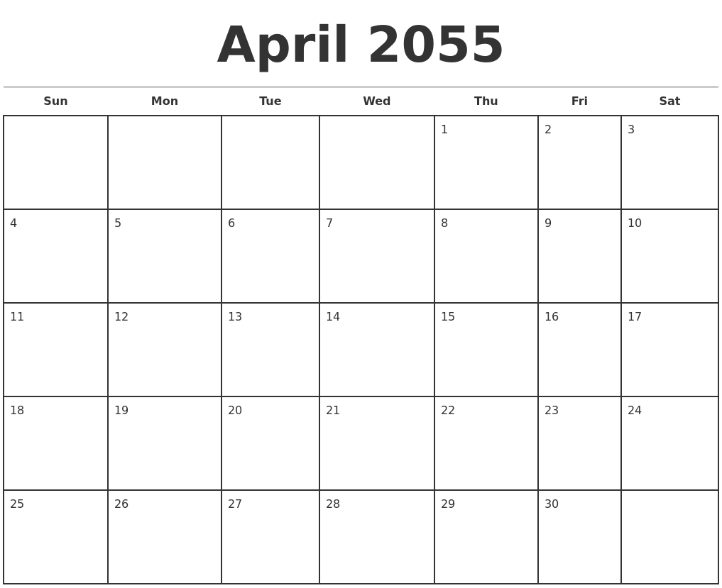 April 2055 Monthly Calendar Template