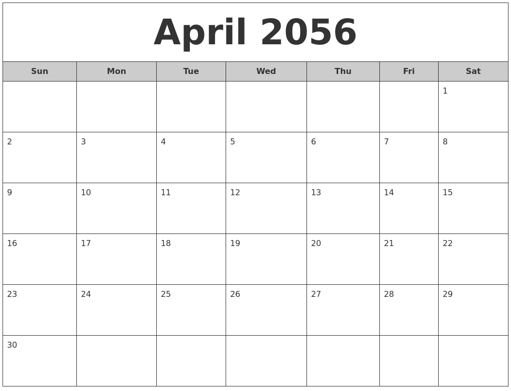 April 2056 Free Monthly Calendar