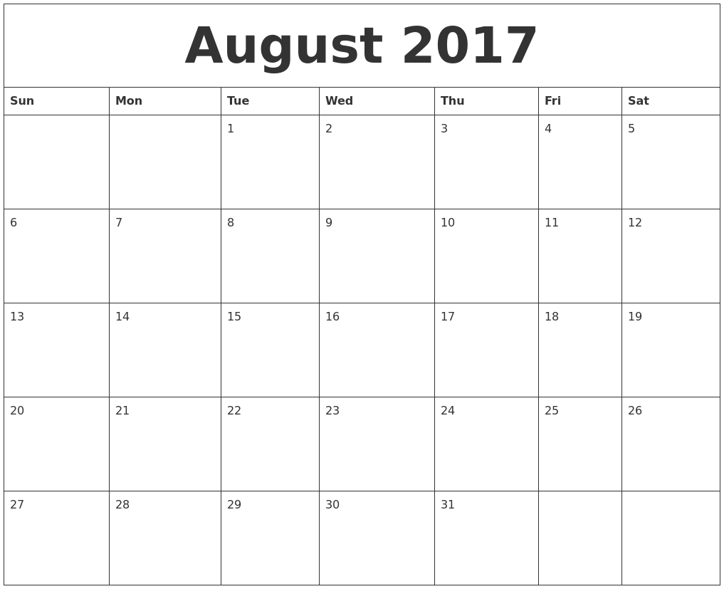 august 2017 monthly printable calendar