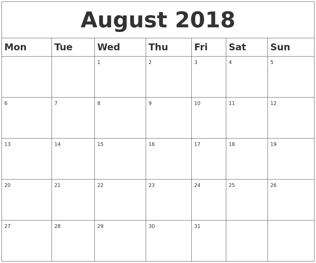 august 2018 blank calendar monday start