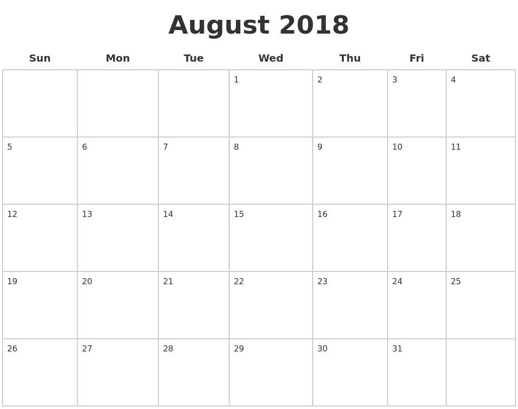 August 2018 Blank Calendar Pages