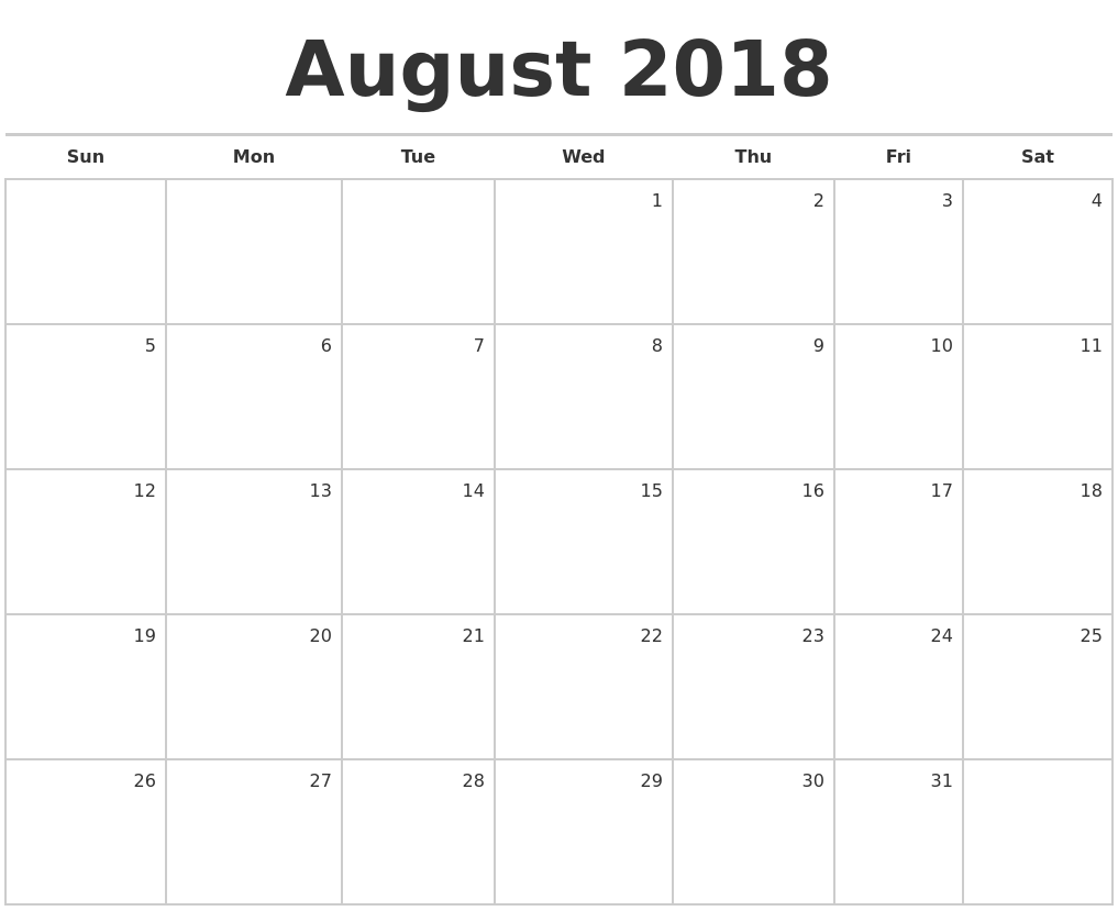 August 2018 Monthly Calendar