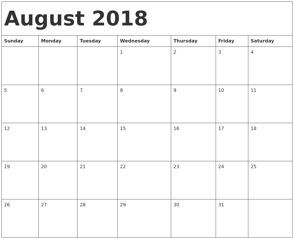 2018 August Calendar Printable
