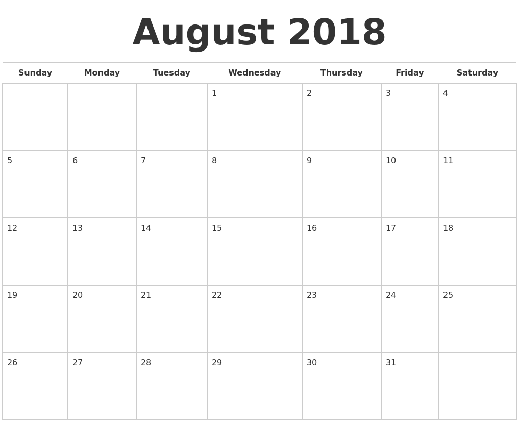 august 2018 calendars free full weekday