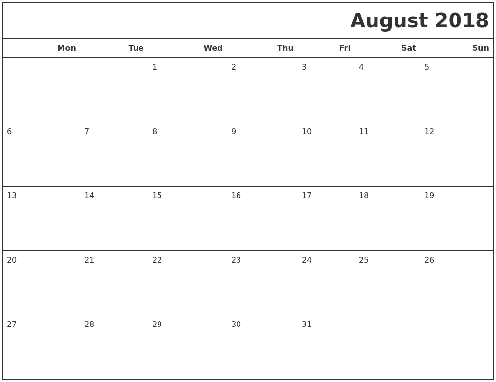 august 2018 calendars to print august calendar