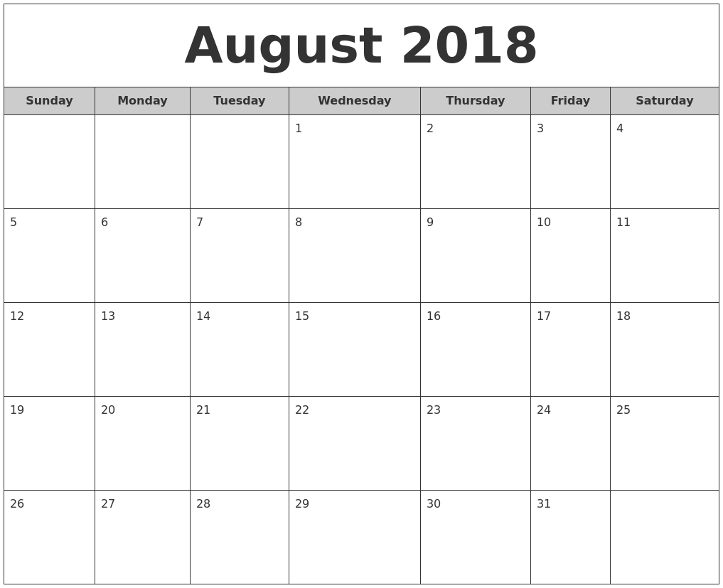 August 2018 Free Monthly Calendar