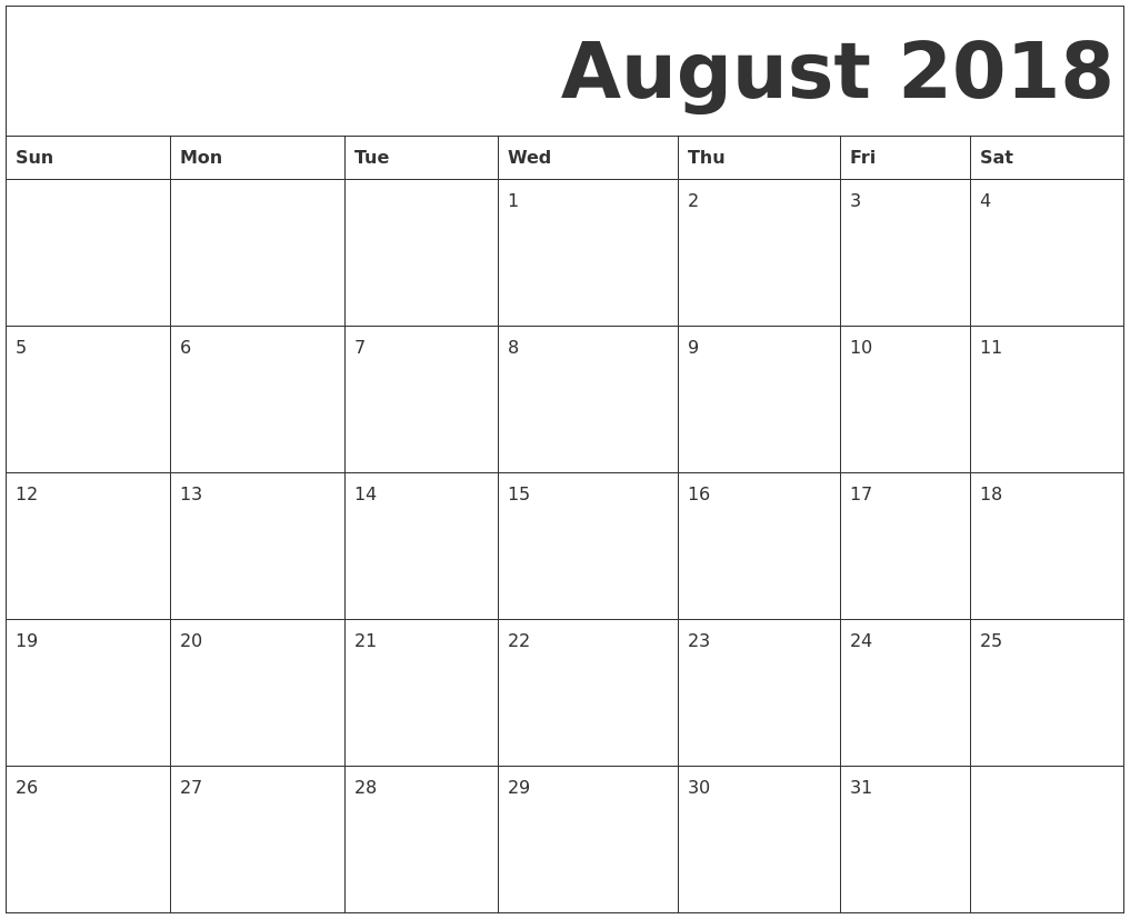 August 2018 Free Printable Calendar