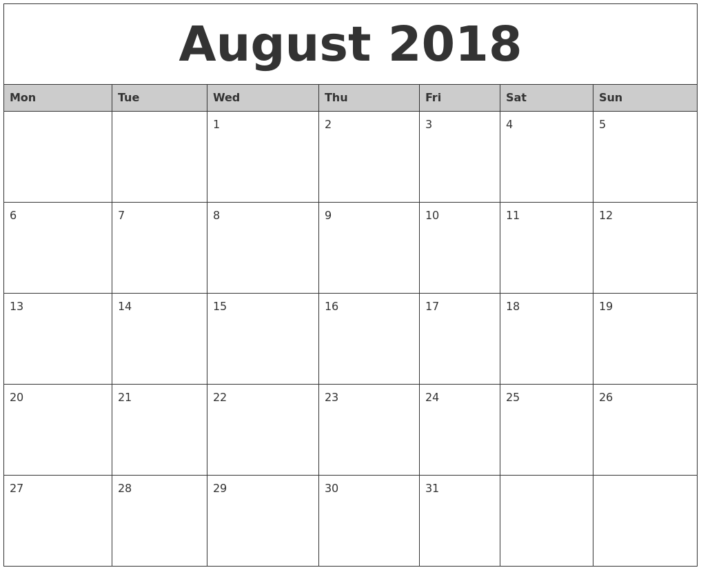 August 2018 Monthly Calendar Printable