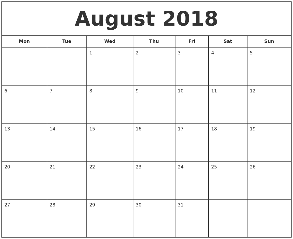 2018 Print August Calendar Word