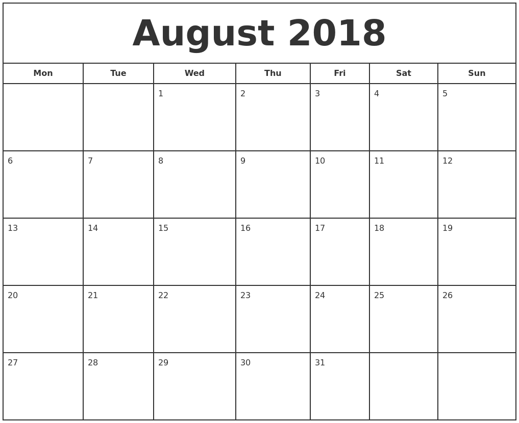 August 2018 Calendar Download