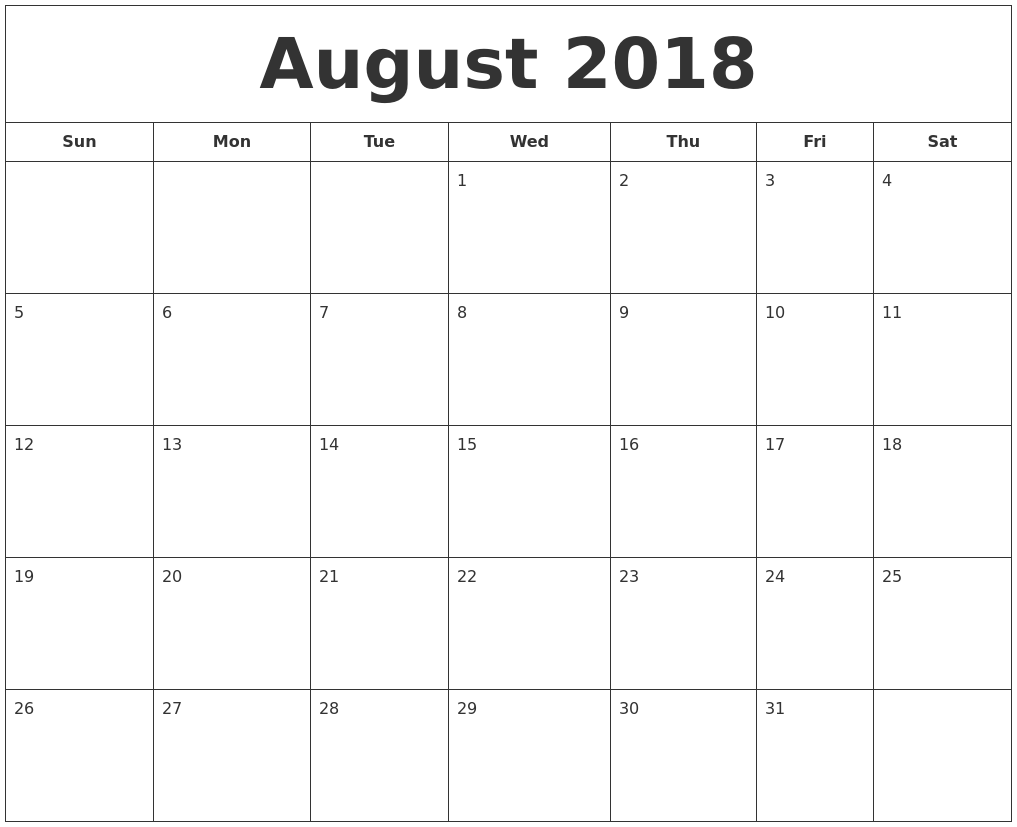 Printable Calendar August 2018