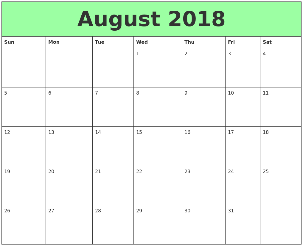 august 2018 printable calendar