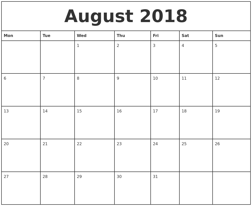 August 2018 Calendar Word August 2018 Calendar Monday Start Sjrlag