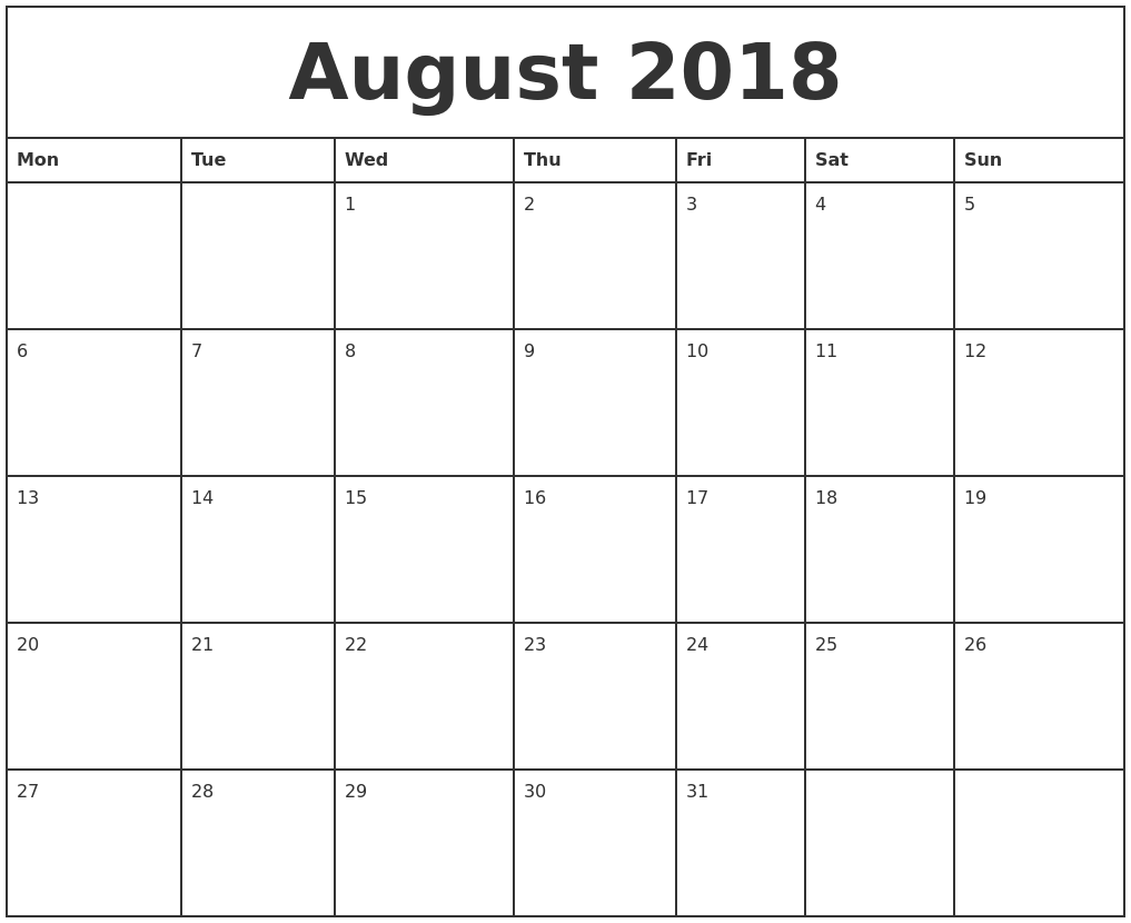 August 2018 Printable Monthly Calendar