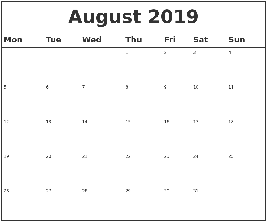 august 2019 blank calendar monday start
