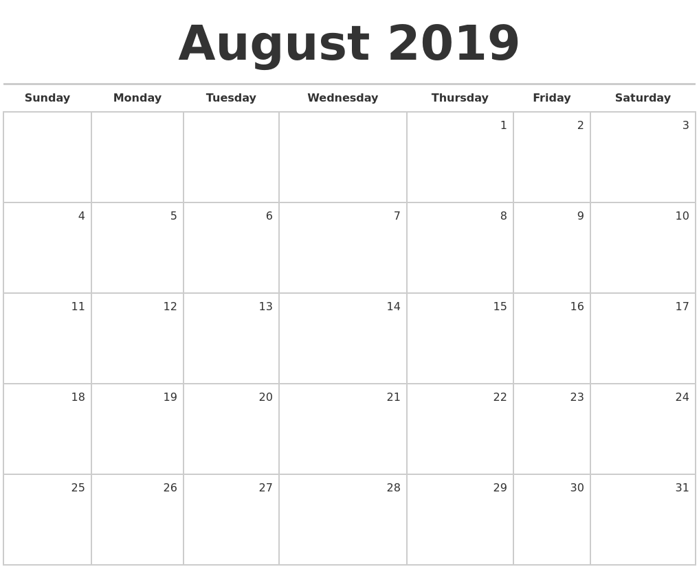 August 2019 Blank Monthly Calendar