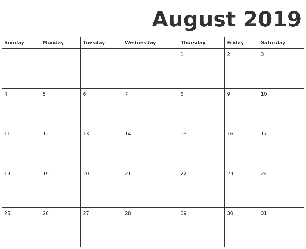 August 2019 Free Printable Calendar
