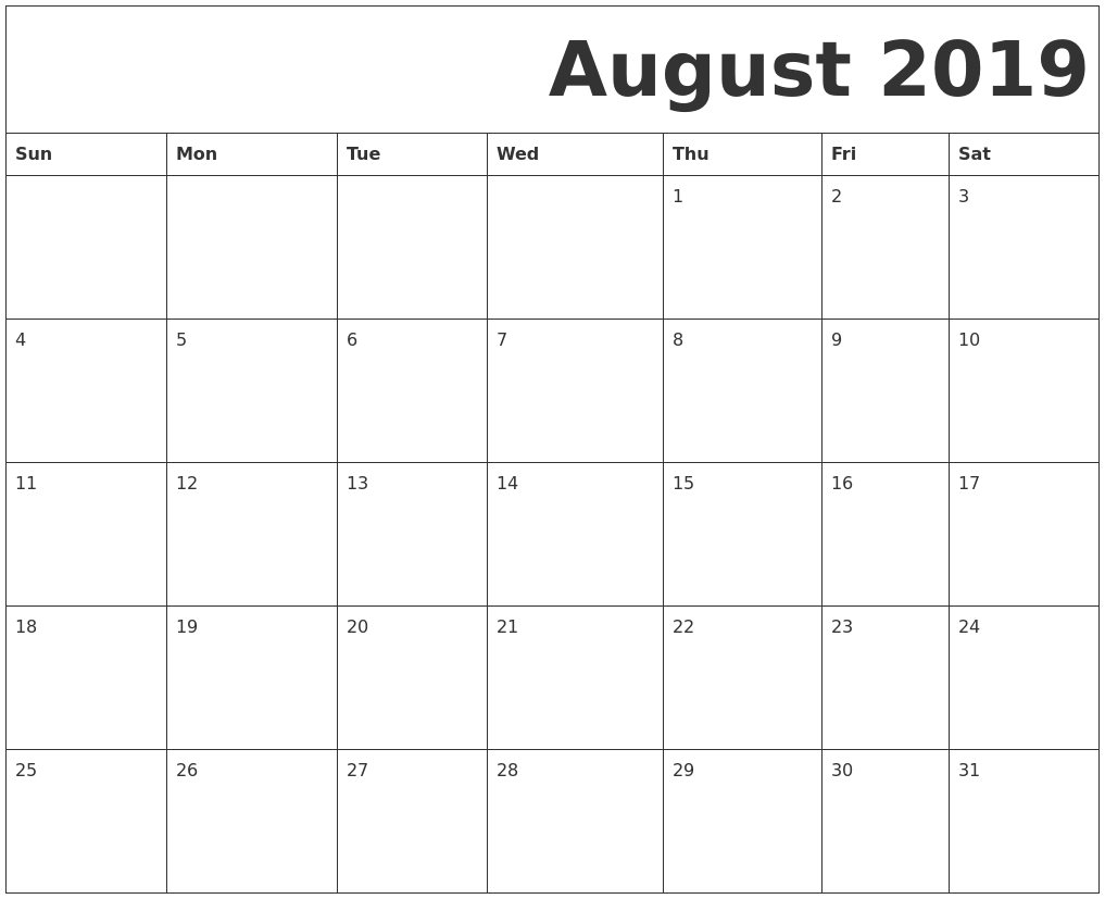 August 2019 Free Printable Calendar