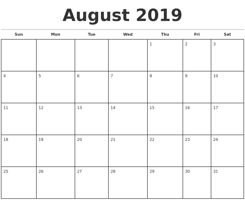 August 2019 Monthly Calendar Template August 2019 Monthly Calendar Template
