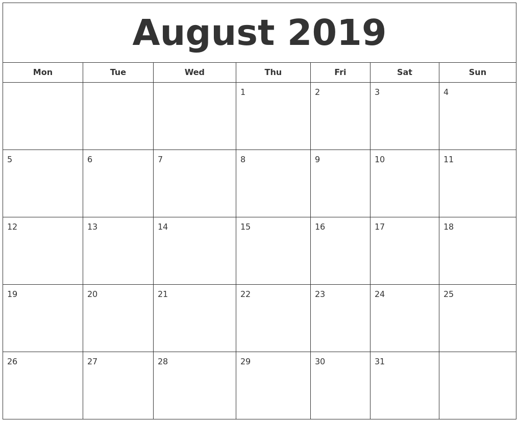 August 2019 Printable Calendar