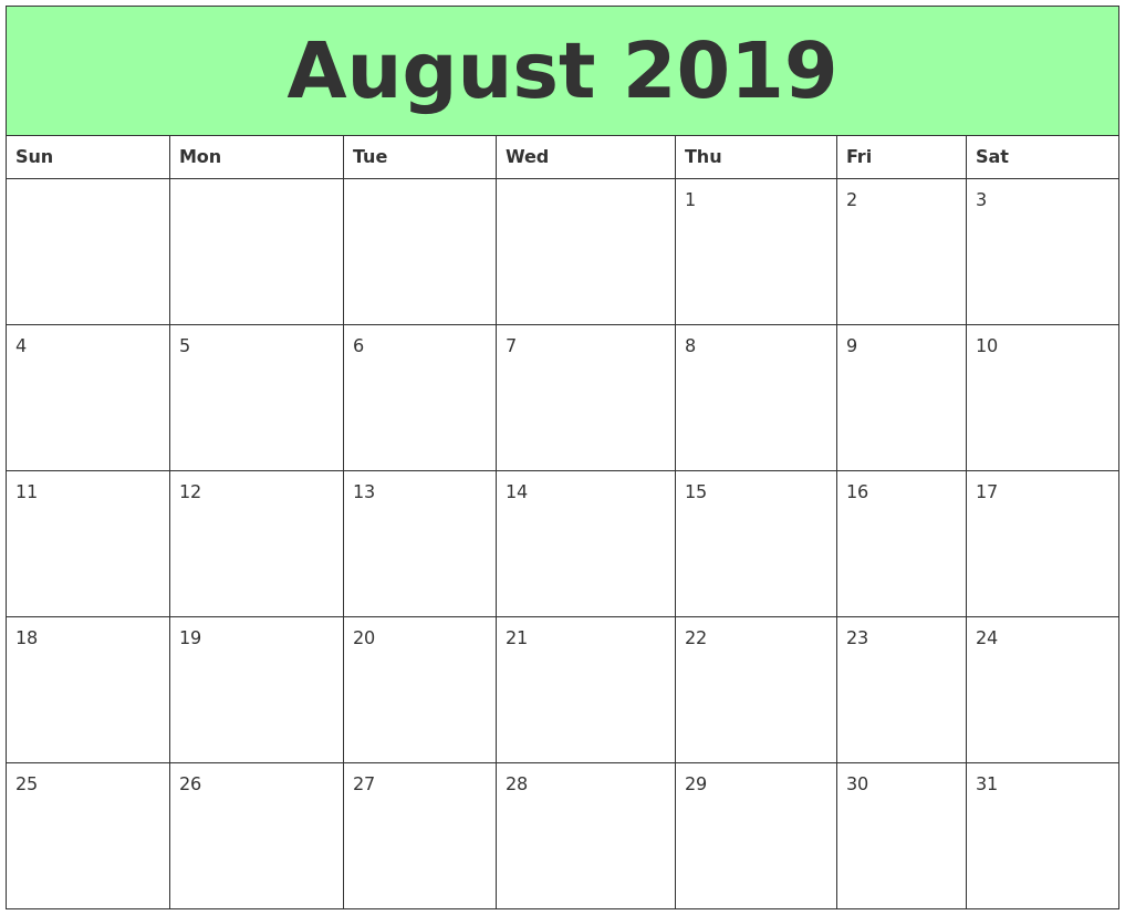 August 2019 Printable Calendars