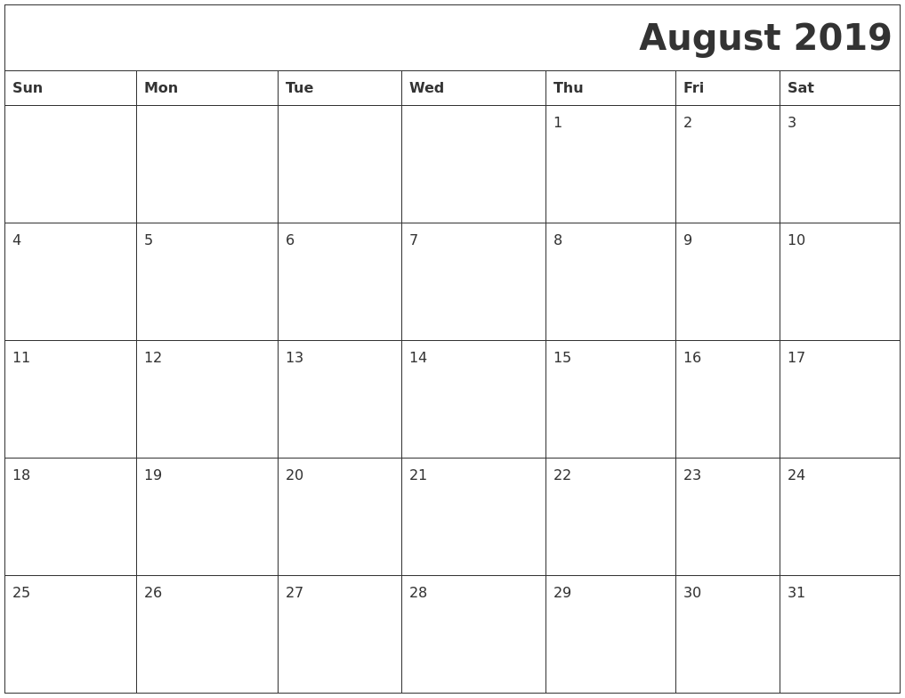 August 2019 Printable Calender graphic about Printable August Calendar identified as August 2019 Printable Calender