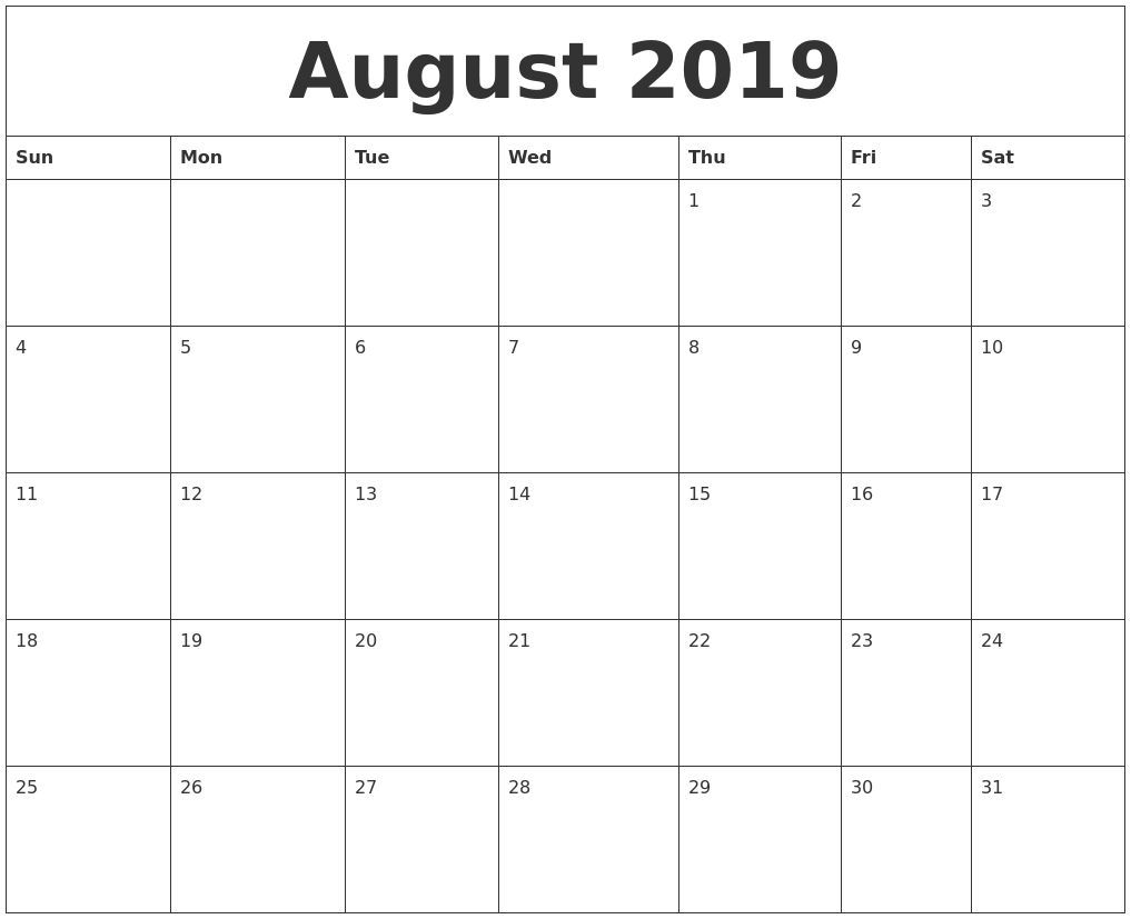 August 2019 Printable Daily Calendar