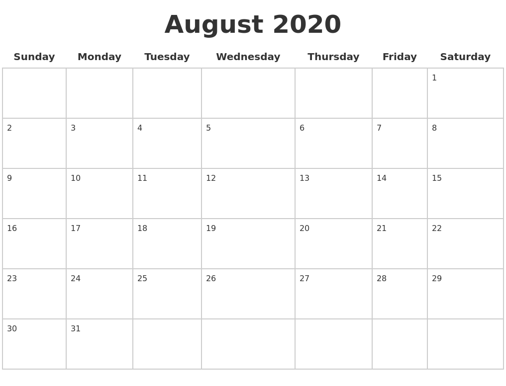 august 2020 blank calendar pages printable calendar pages 2020