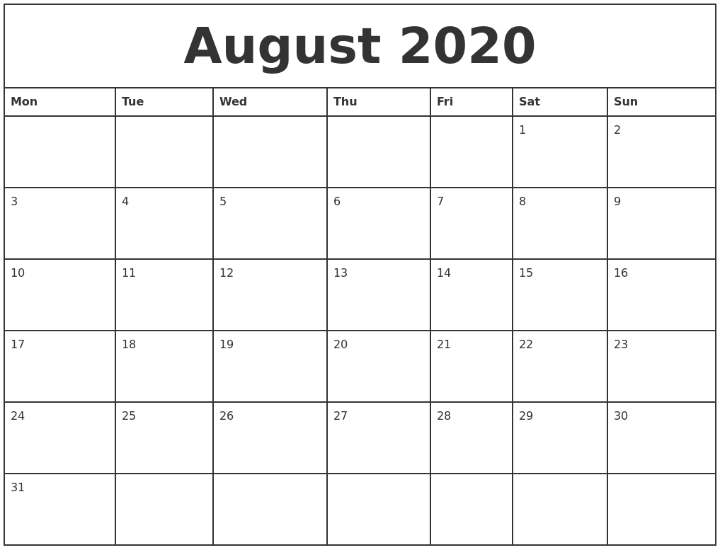 august 2020 printable monthly calendar august 2020 printable calendar