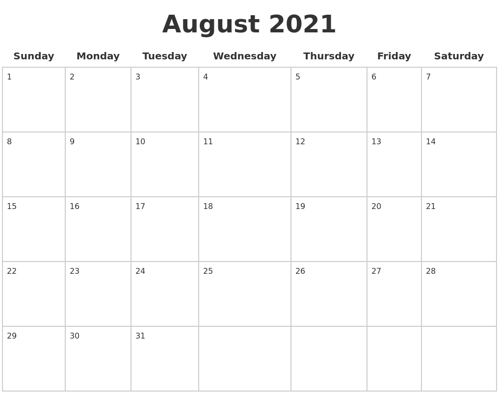 August 2021 Blank Calendar Pages