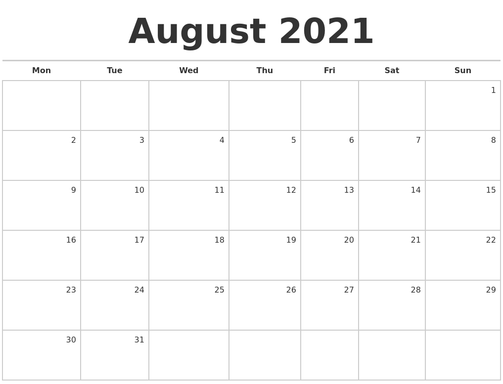 August 2021 Blank Monthly Calendar
