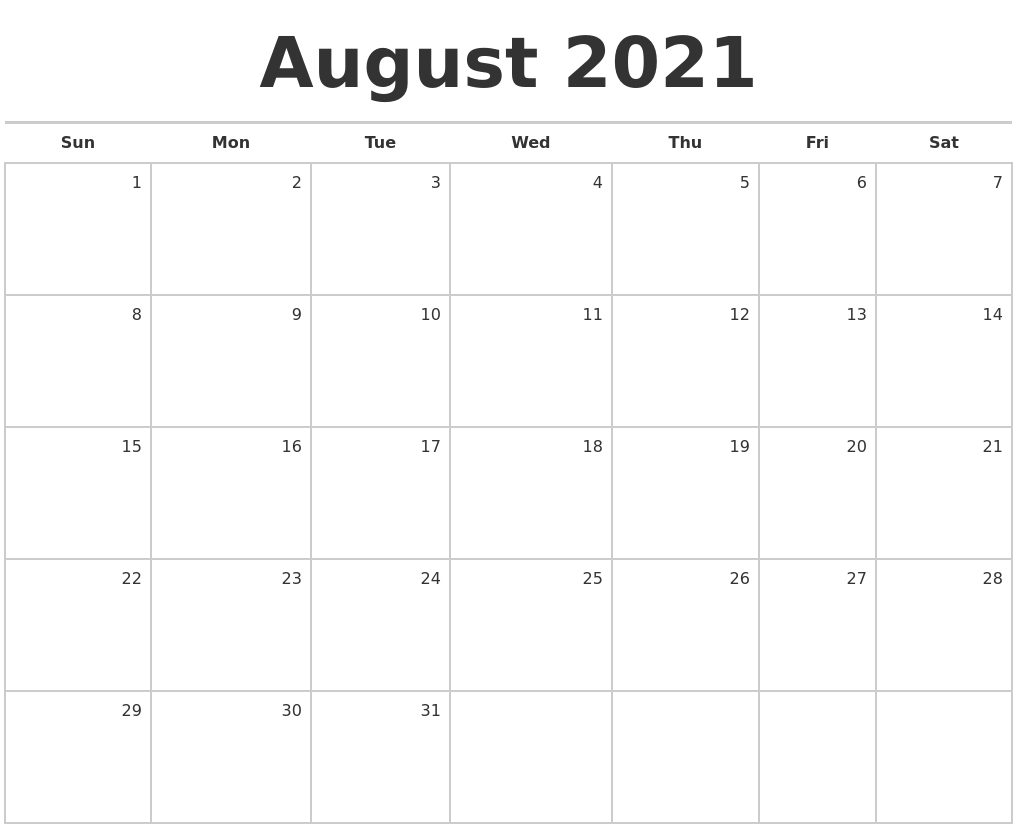 August 2021 Blank Monthly Calendar