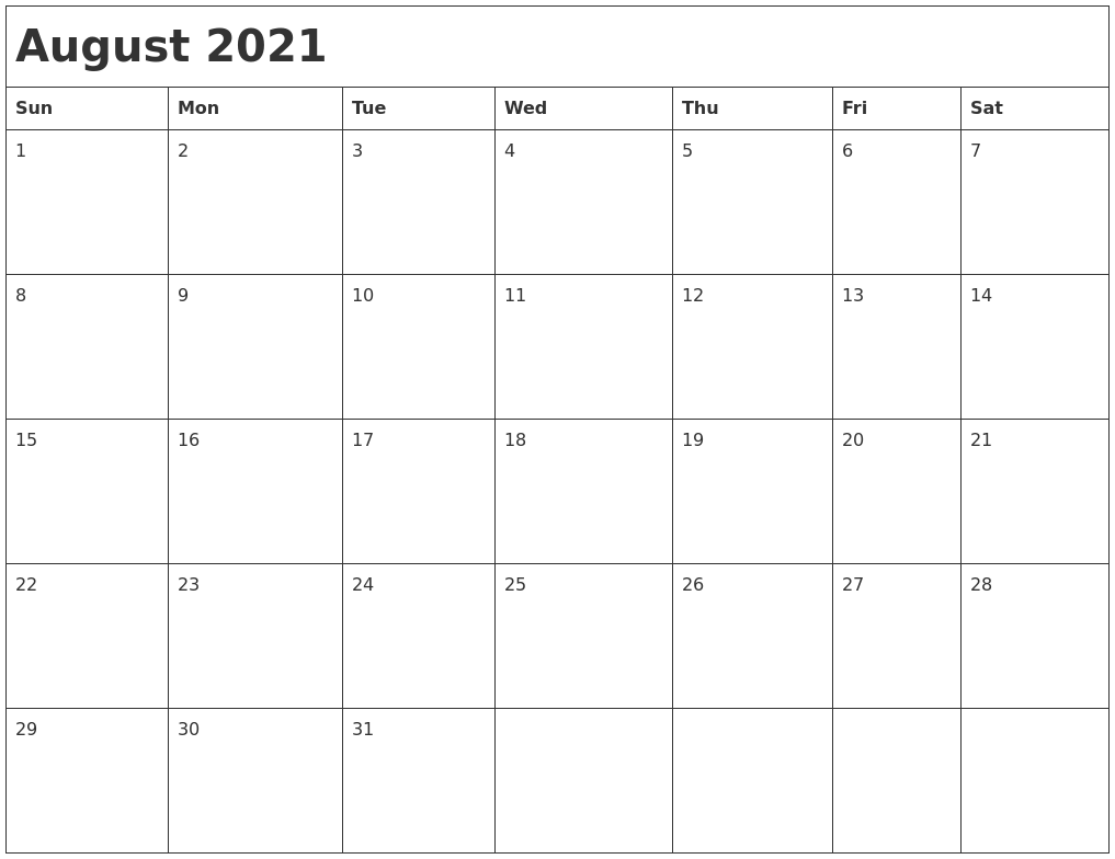 August 2021 Month Calendar