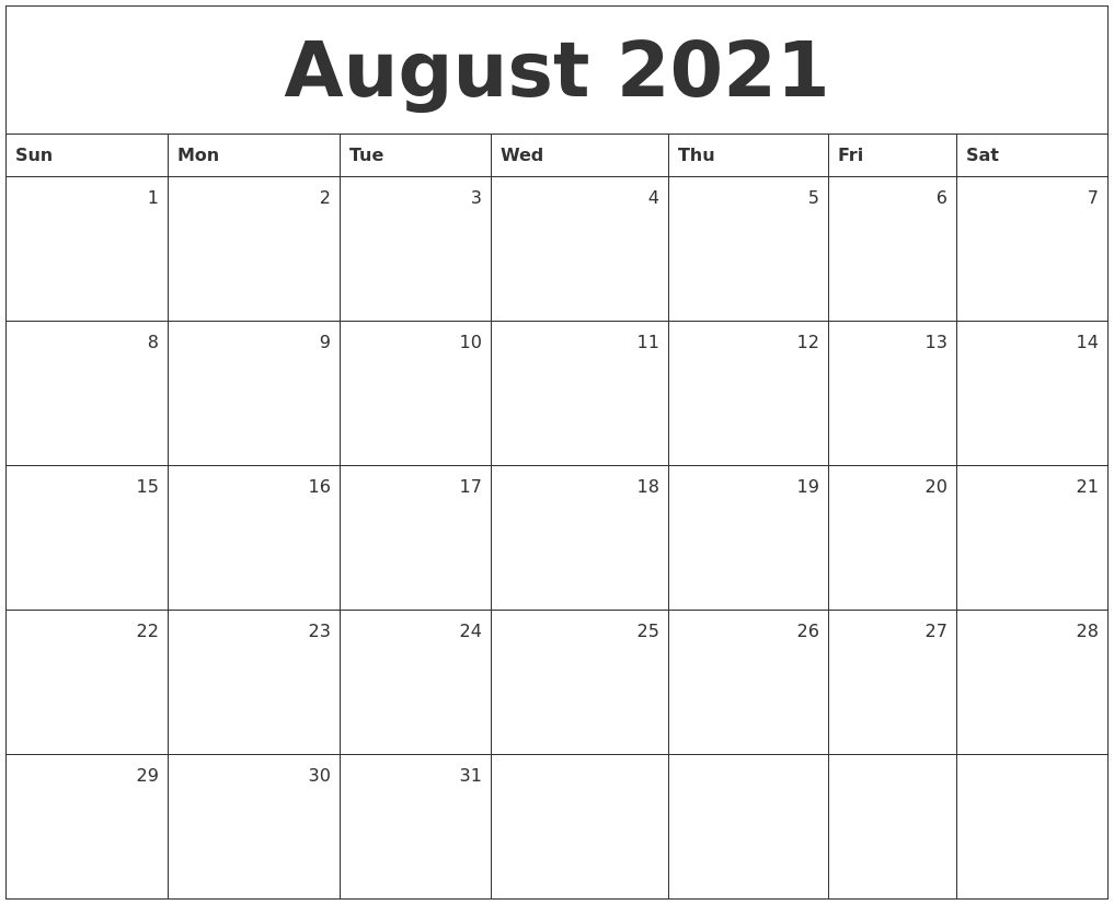 August 2021 Monthly Calendar