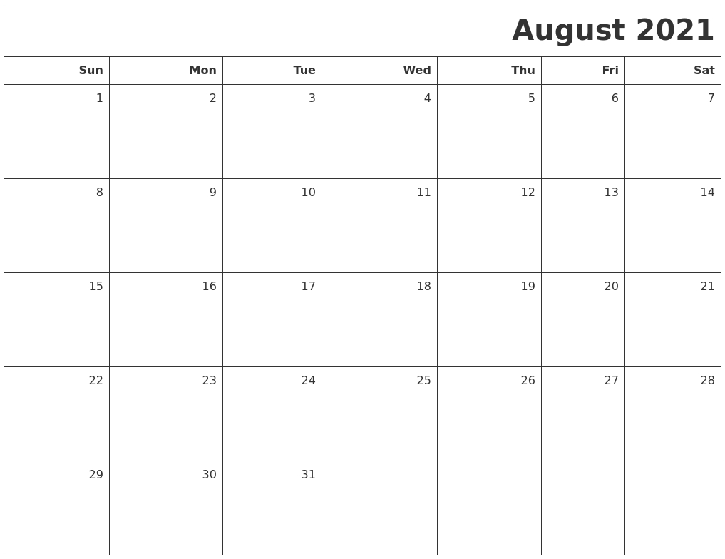 August 2021 Printable Blank Calendar
