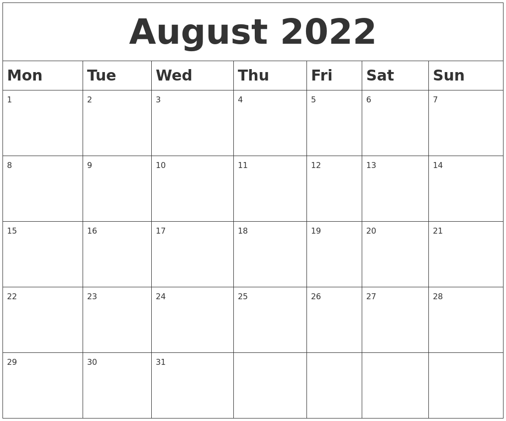 August 2022 Blank Calendar