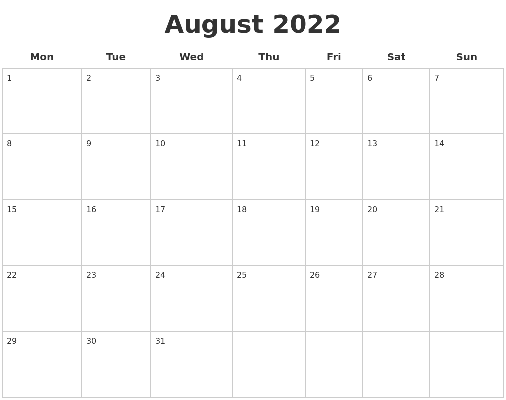 August 2022 Blank Calendar Pages