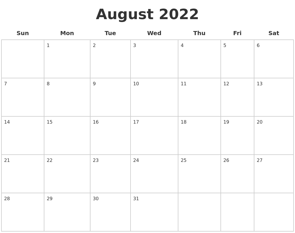 August 2022 Blank Calendar Pages