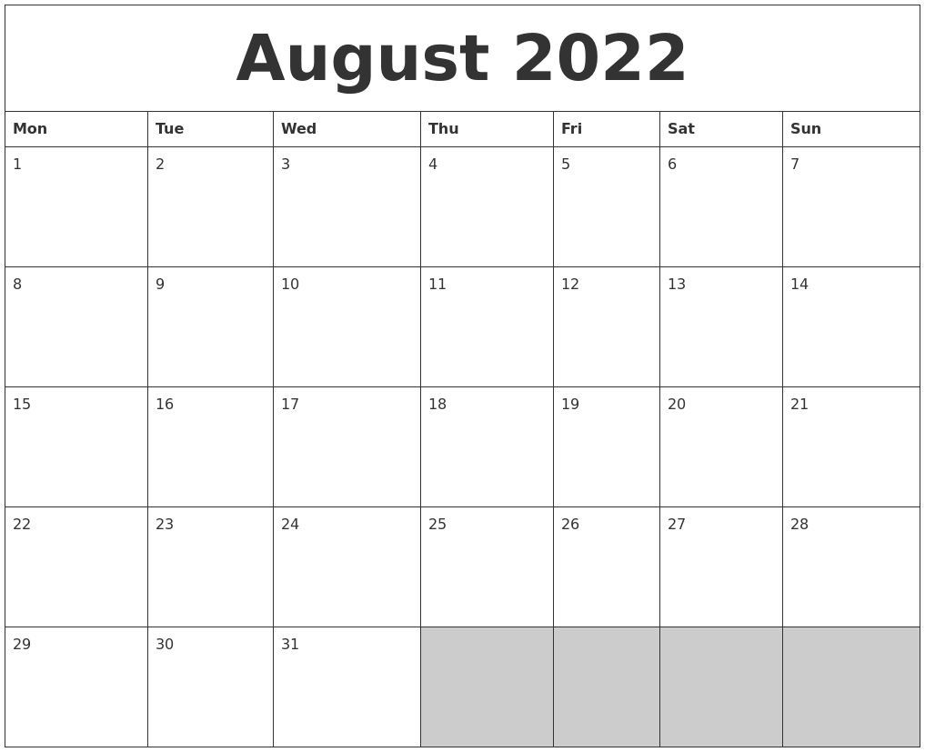 August 2022 Blank Printable Calendar
