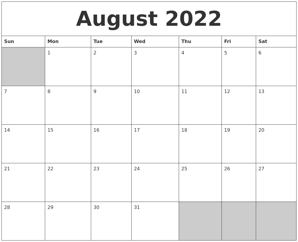 August 2022 Blank Printable Calendar