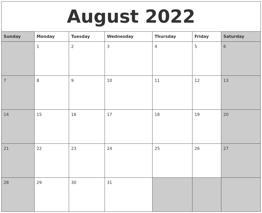 August 2022 Calanders