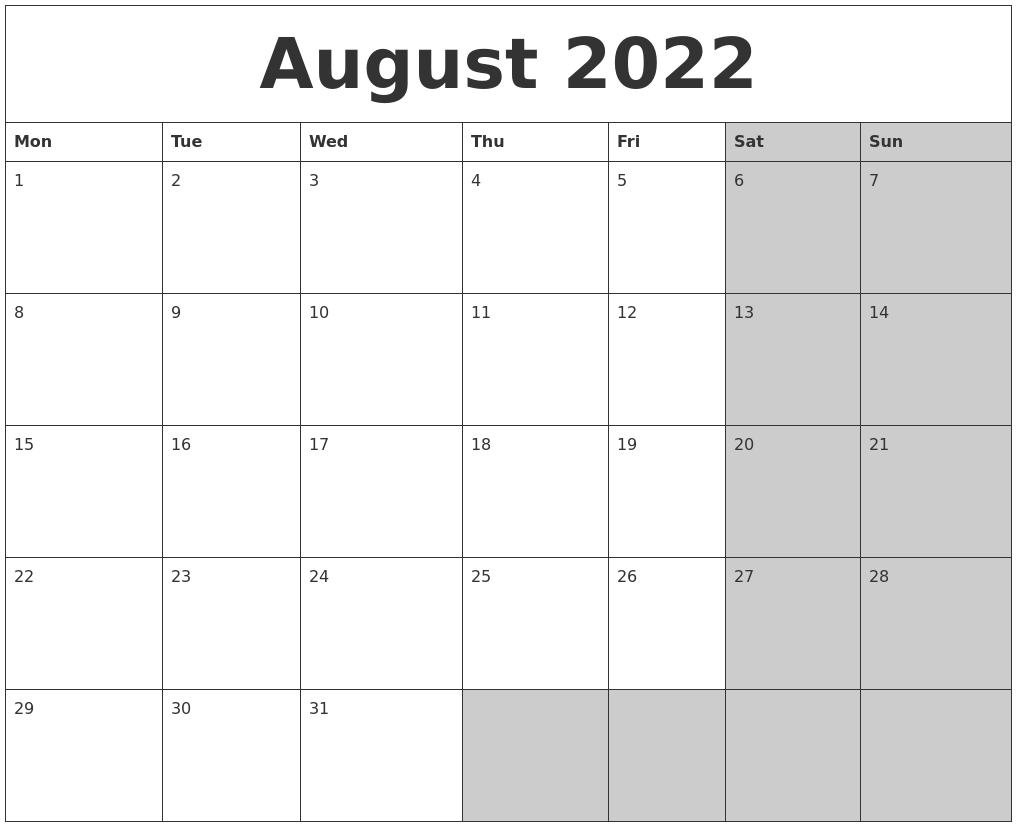 August 2022 Calanders