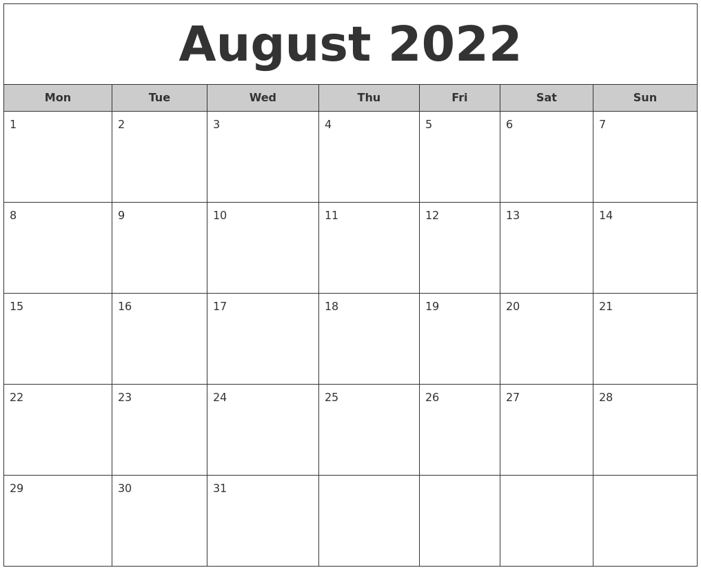 August 2022 Free Monthly Calendar