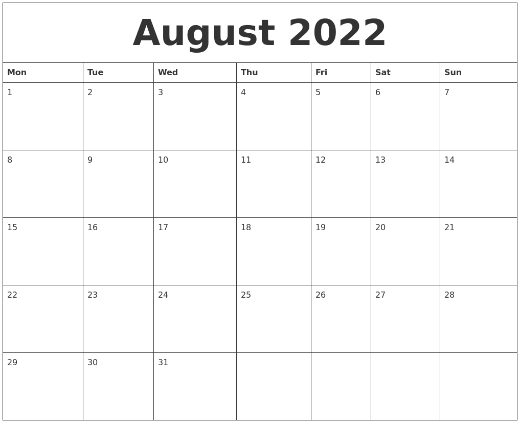 August 2022 Free Online Calendar