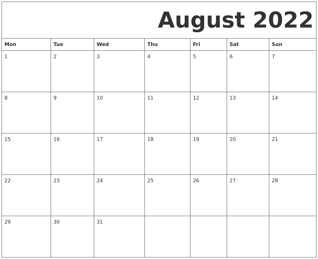 August 2022 Free Printable Calendar