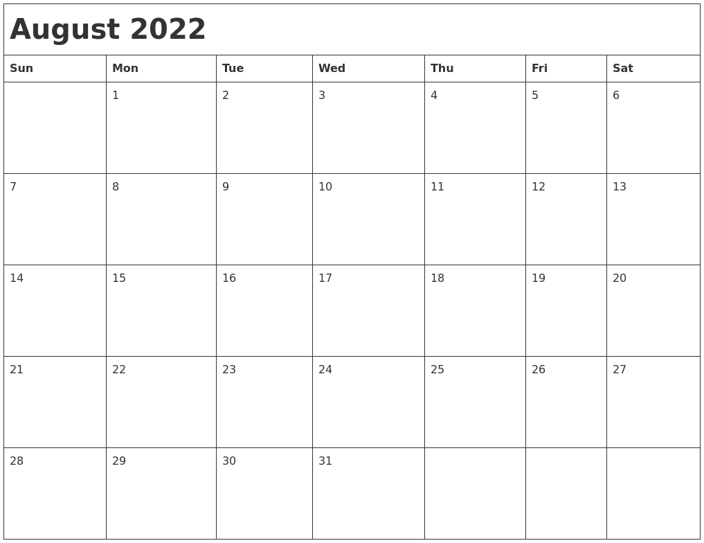 August 2022 Month Calendar